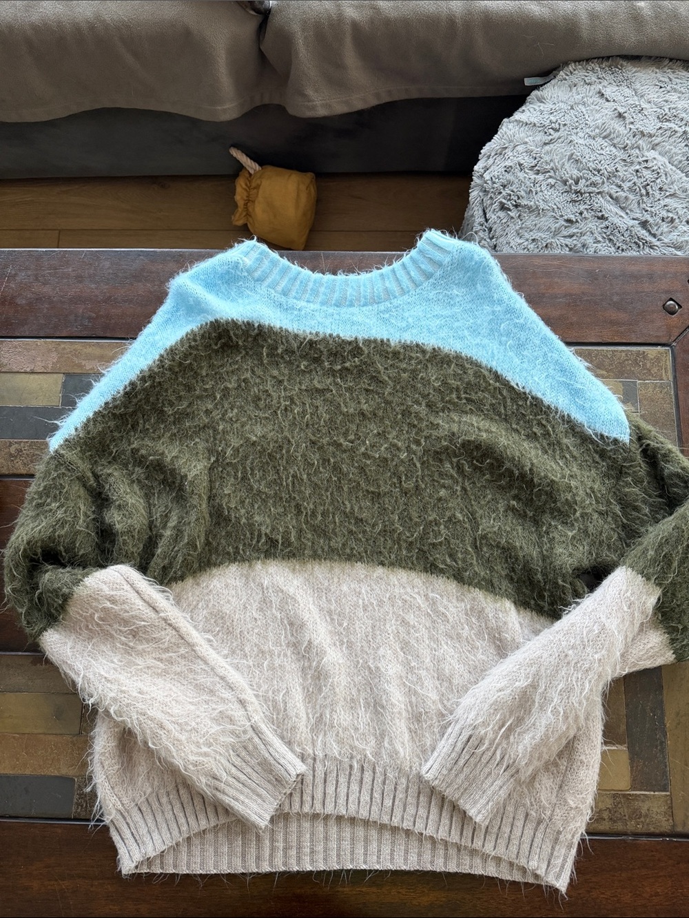 bp Fuzzy Colorblock Crewneck Sweater in Light Blue, Olive & Cream